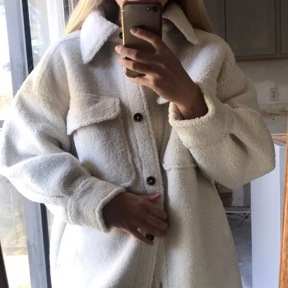 H&M shearling shacket shirt jacket blogger fav